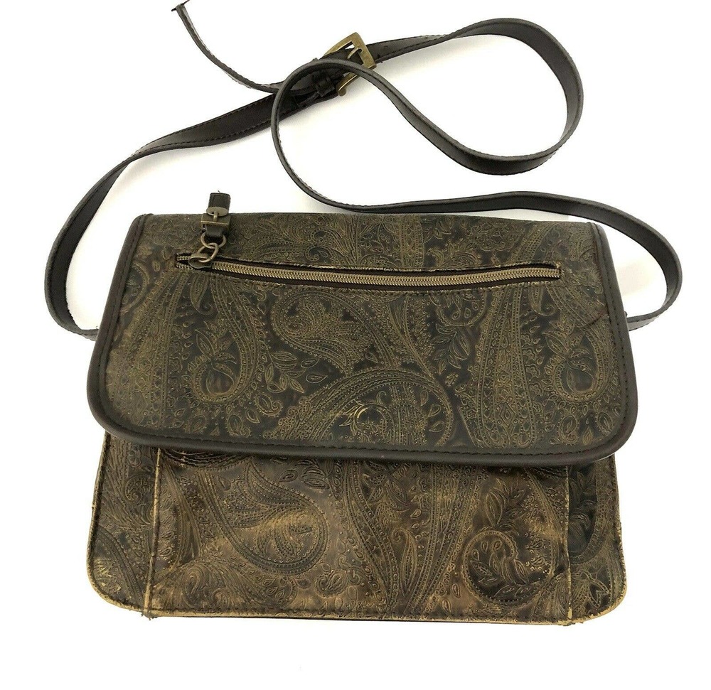Vintage Relic Brown Paisley Tooled Faux Leather Flap Front Crossbody Satchel Bag - Picture 2 of 12